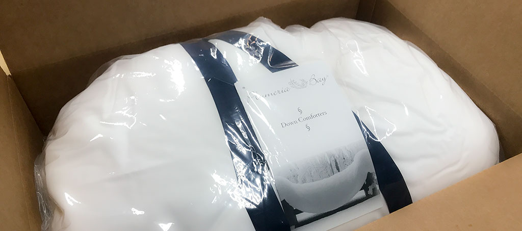 down comforter in storage bag, in shipping box