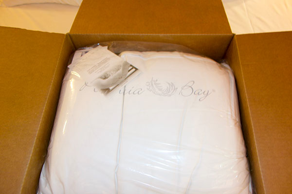 down comforter in storage bag, in shipping box