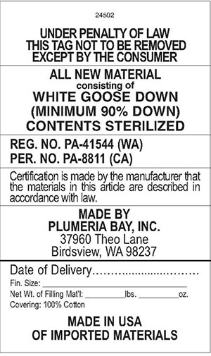 800 Fill Power goose down law label