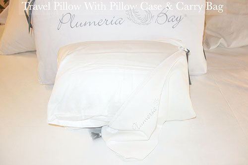 image of Traditional Luxury Travel Pillow Inside Carry Bag, folded double &amp; covered with included Pillow Case